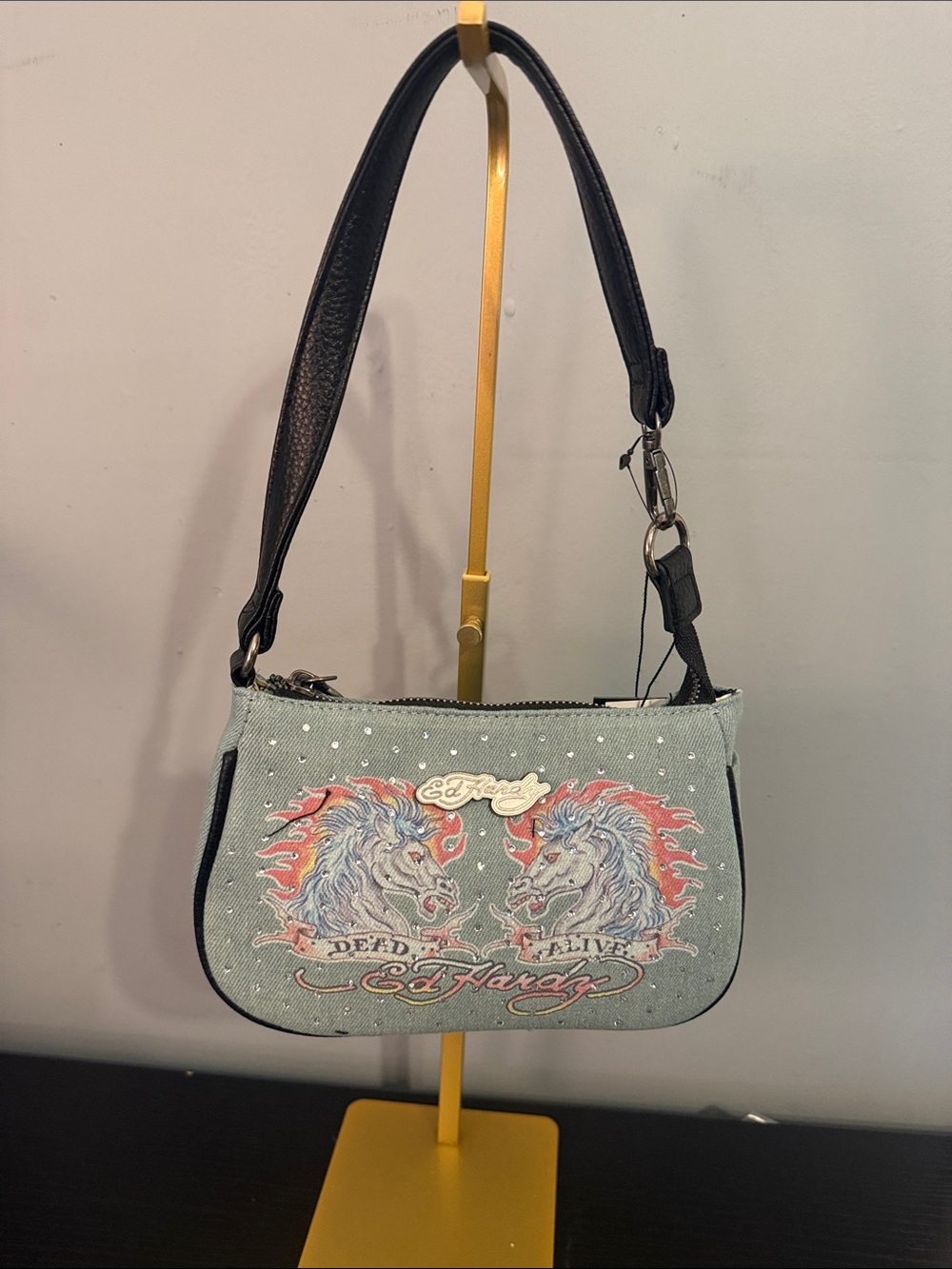 Ed Hardy Light Blue Dead or Alive Graphic Mini Shoulder Bag with Black Strap
